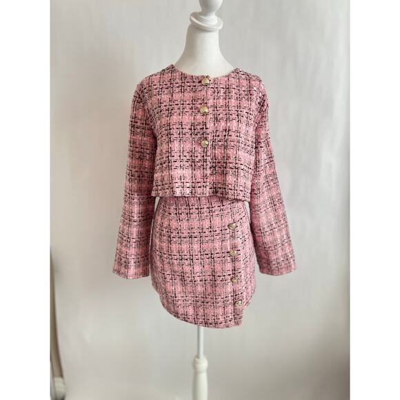 TWEED MINI SKIRT AND JACKET BLAZER SET WOMENS PINK BLACK GOLD BUTTON 2 PIECE SET - Picture 2 of 15
